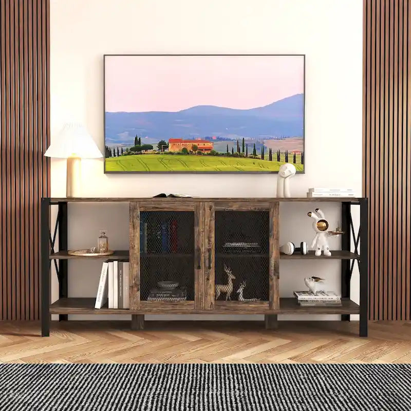 Meuble TV de style industriel/ferme avec 4 étagères et 2 armoires de rangement pour salons et cuisines