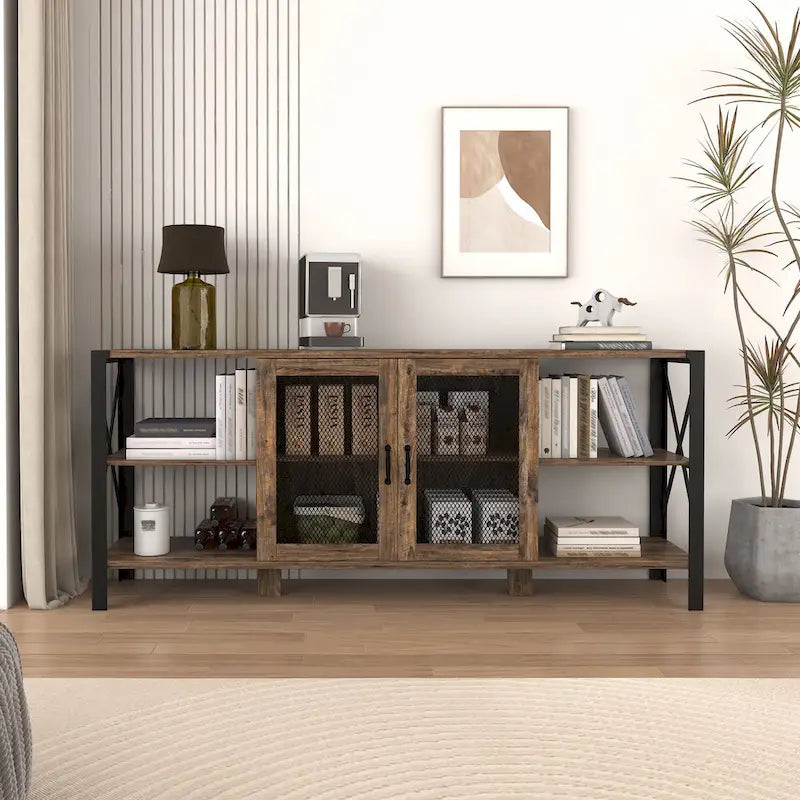 Meuble TV de style industriel/ferme avec 4 étagères et 2 armoires de rangement pour salons et cuisines