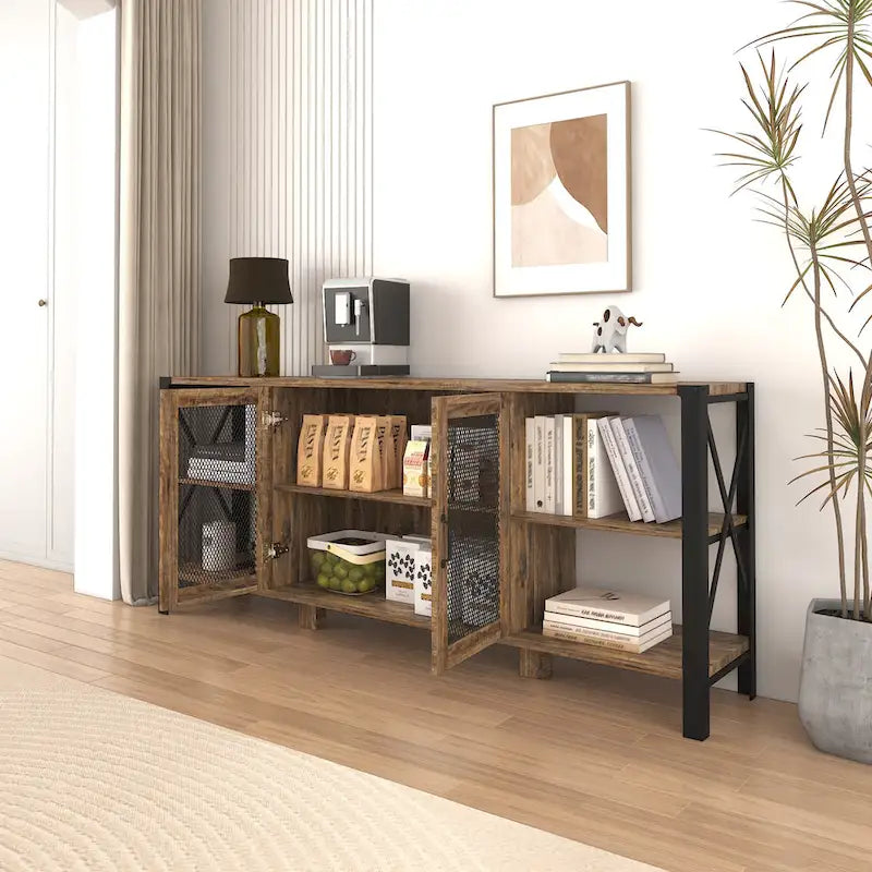 Meuble TV de style industriel/ferme avec 4 étagères et 2 armoires de rangement pour salons et cuisines