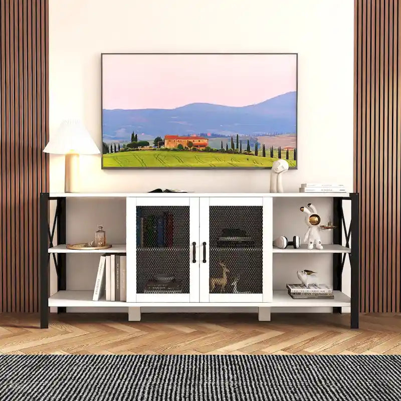 Meuble TV de style industriel/ferme avec 4 étagères et 2 armoires de rangement pour salons et cuisines