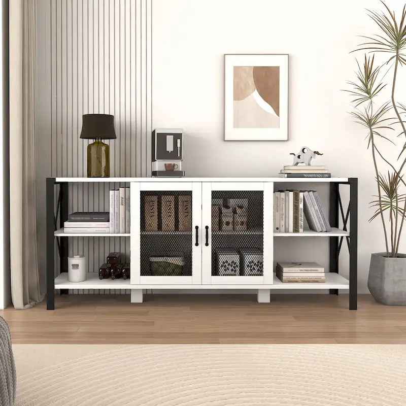 Meuble TV de style industriel/ferme avec 4 étagères et 2 armoires de rangement pour salons et cuisines