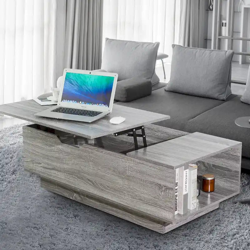 Nouvelle table basse relevable et réglable en Noyer ou Gris, Bureau de Salon Rectangulaire avec Rangement