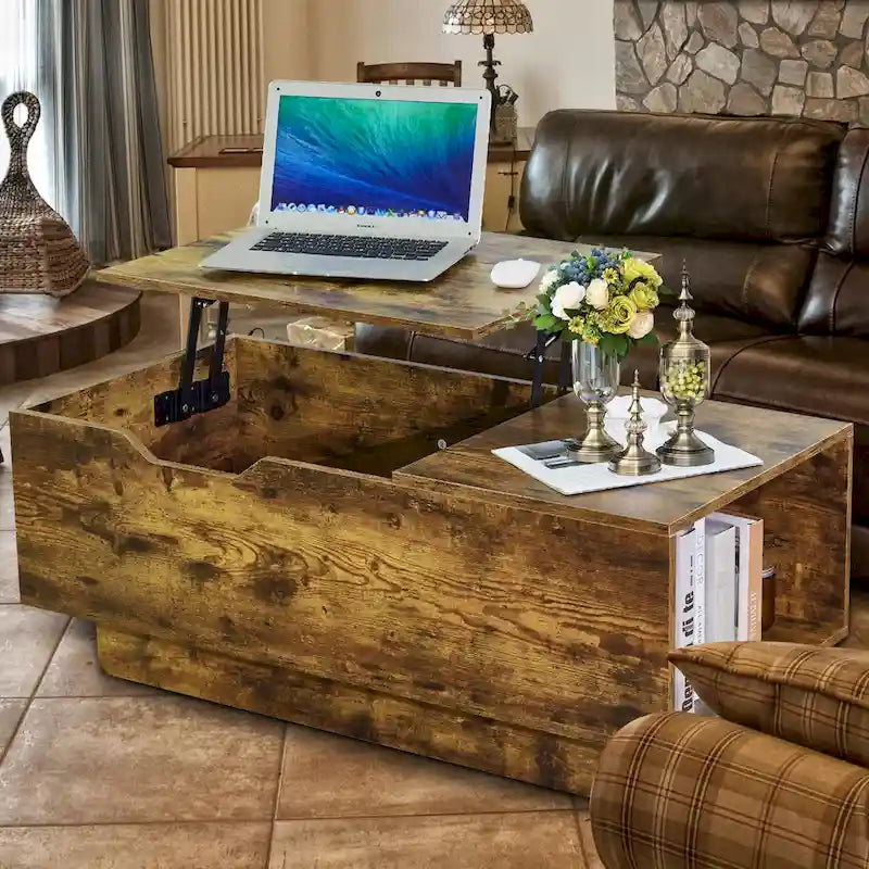 Nouvelle table basse relevable et réglable en Noyer ou Gris, Bureau de Salon Rectangulaire avec Rangement
