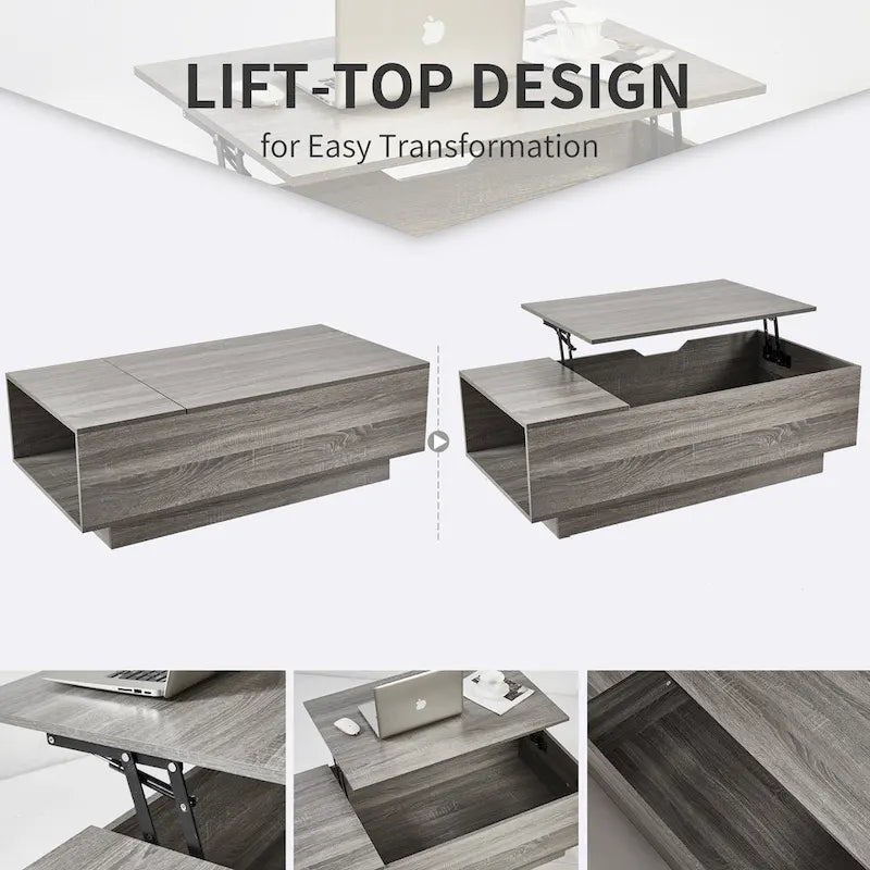 Nouvelle table basse relevable et réglable en Noyer ou Gris, Bureau de Salon Rectangulaire avec Rangement
