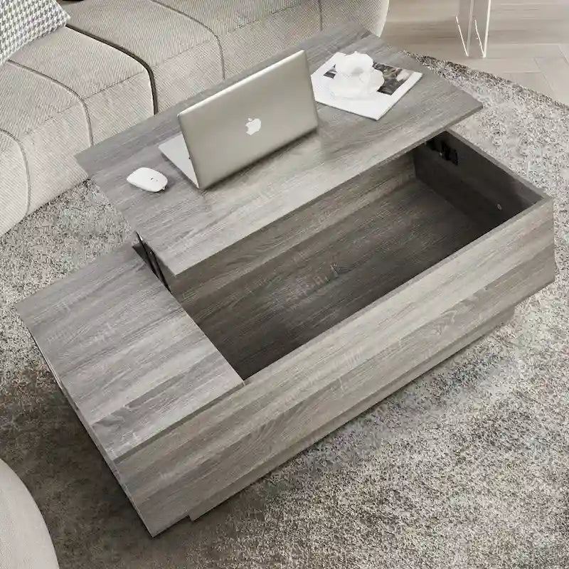 Nouvelle table basse relevable et réglable en Noyer ou Gris, Bureau de Salon Rectangulaire avec Rangement