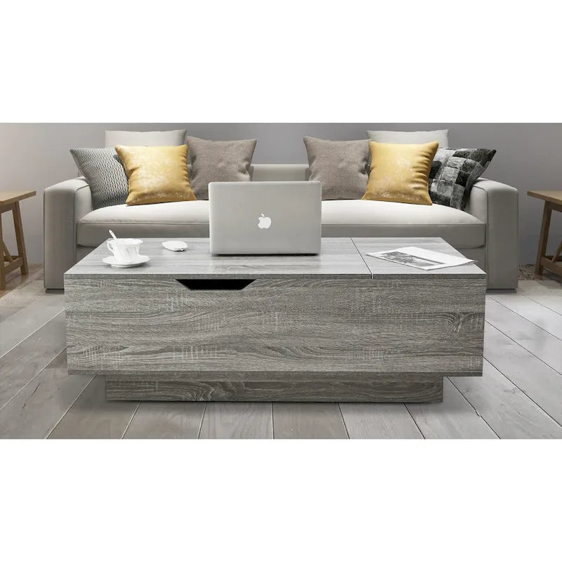 Nouvelle table basse relevable et réglable en Noyer ou Gris, Bureau de Salon Rectangulaire avec Rangement
