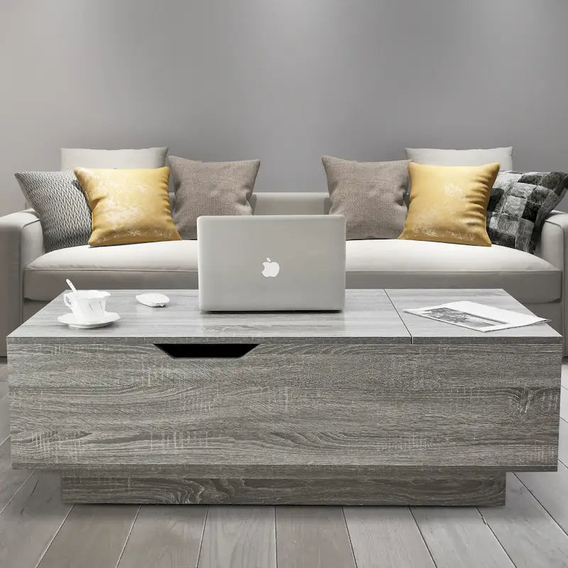 Nouvelle table basse relevable et réglable en Noyer ou Gris, Bureau de Salon Rectangulaire avec Rangement