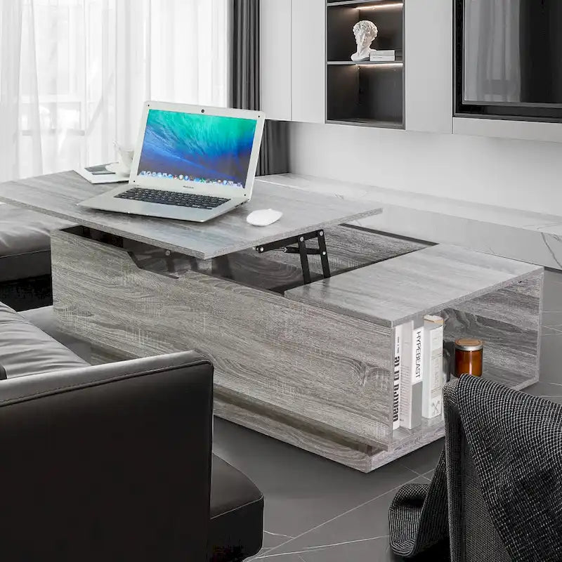 Nouvelle table basse relevable et réglable en Noyer ou Gris, Bureau de Salon Rectangulaire avec Rangement