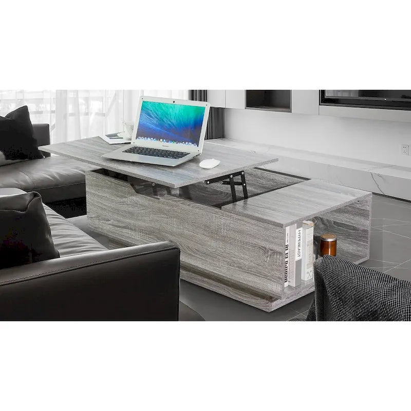 Nouvelle table basse relevable et réglable en Noyer ou Gris, Bureau de Salon Rectangulaire avec Rangement