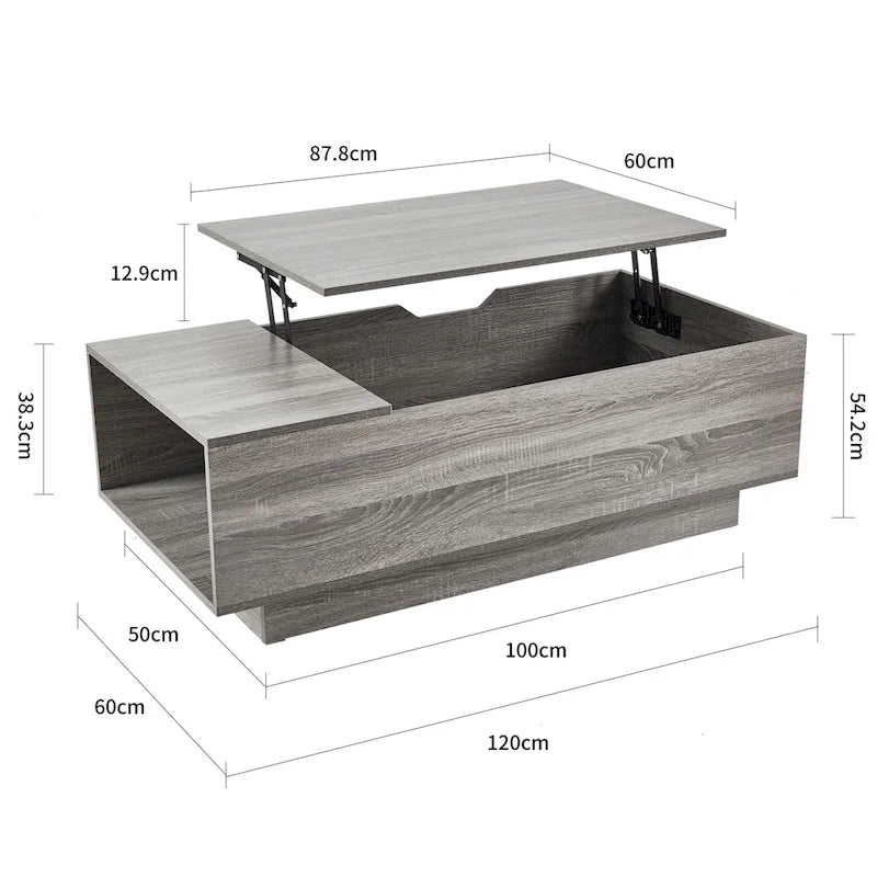 Nouvelle table basse relevable et réglable en Noyer ou Gris, Bureau de Salon Rectangulaire avec Rangement