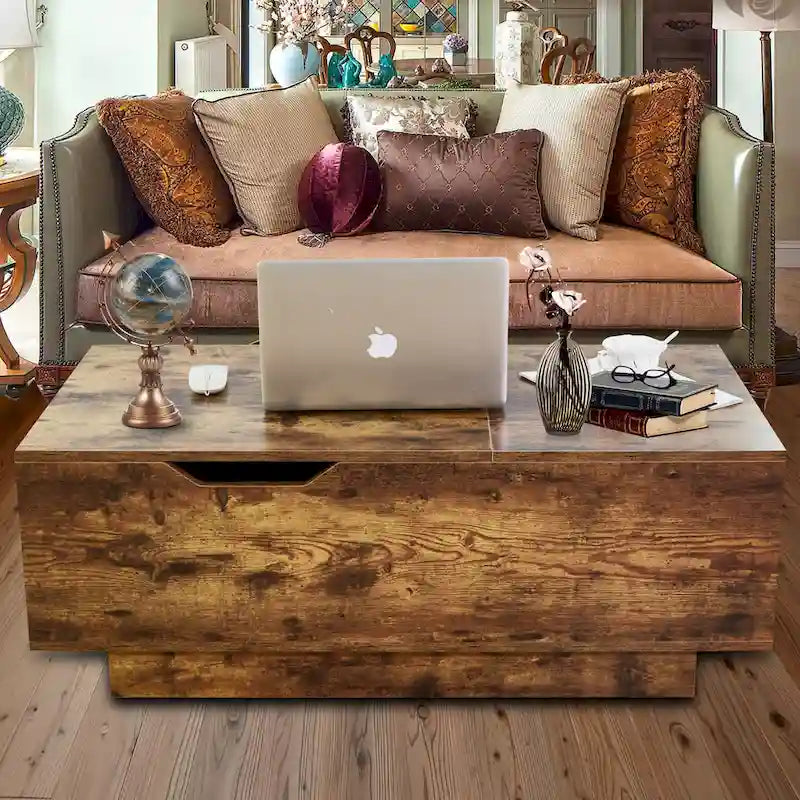 Nouvelle table basse relevable et réglable en Noyer ou Gris, Bureau de Salon Rectangulaire avec Rangement