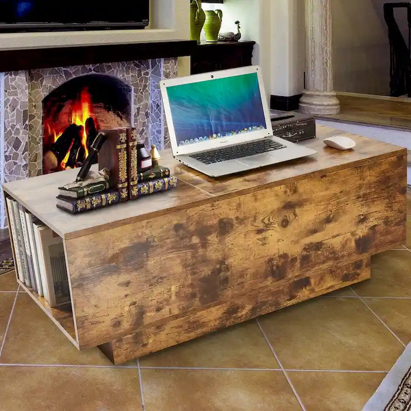 Nouvelle table basse relevable et réglable en Noyer ou Gris, Bureau de Salon Rectangulaire avec Rangement