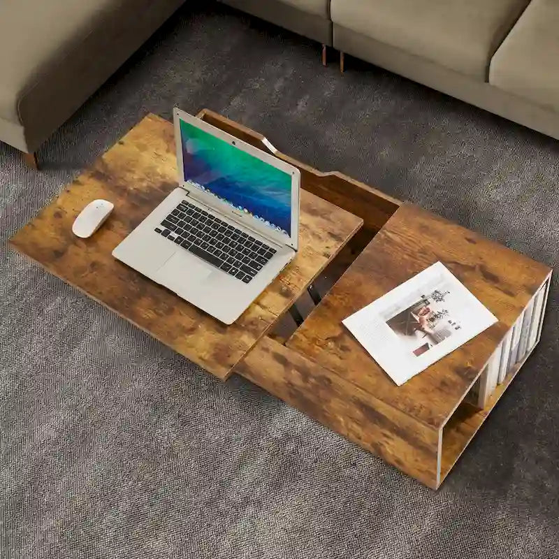 Nouvelle table basse relevable et réglable en Noyer ou Gris, Bureau de Salon Rectangulaire avec Rangement