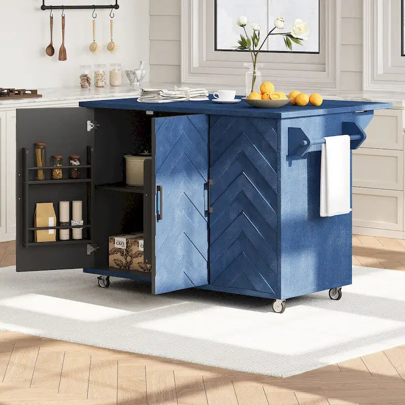 Îlot de cuisine 51,2W avec abattant, îlot de cuisine de ferme sur roulettes avec étagère de rangement interne, chariot de cuisine roulant