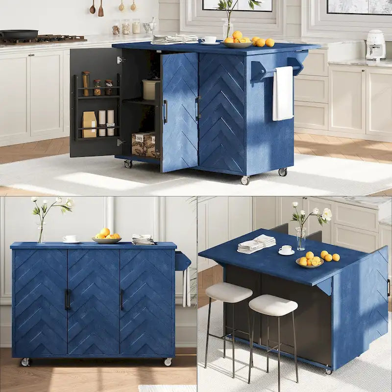 Îlot de cuisine 51,2W avec abattant, îlot de cuisine de ferme sur roulettes avec étagère de rangement interne, chariot de cuisine roulant