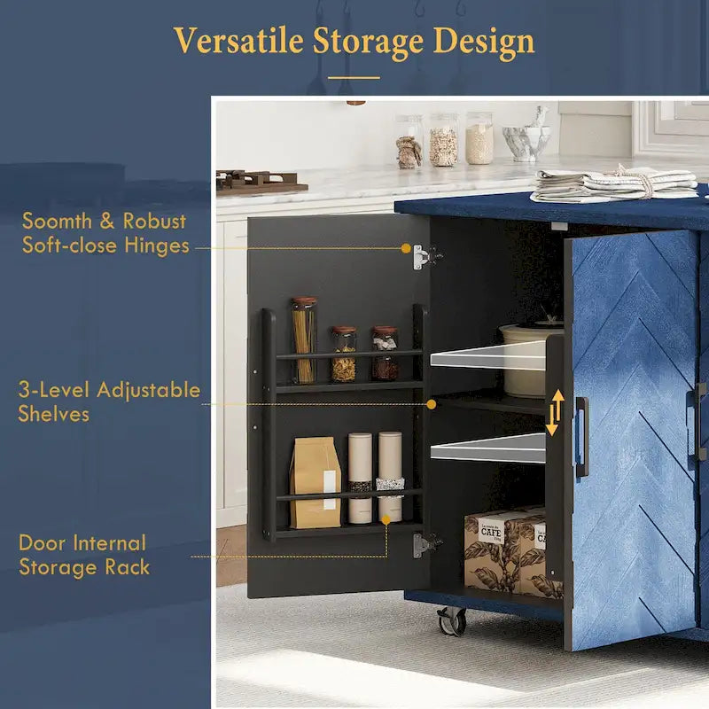 Îlot de cuisine 51,2W avec abattant, îlot de cuisine de ferme sur roulettes avec étagère de rangement interne, chariot de cuisine roulant