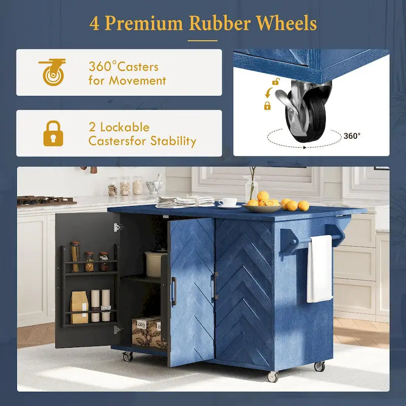 Îlot de cuisine 51,2W avec abattant, îlot de cuisine de ferme sur roulettes avec étagère de rangement interne, chariot de cuisine roulant