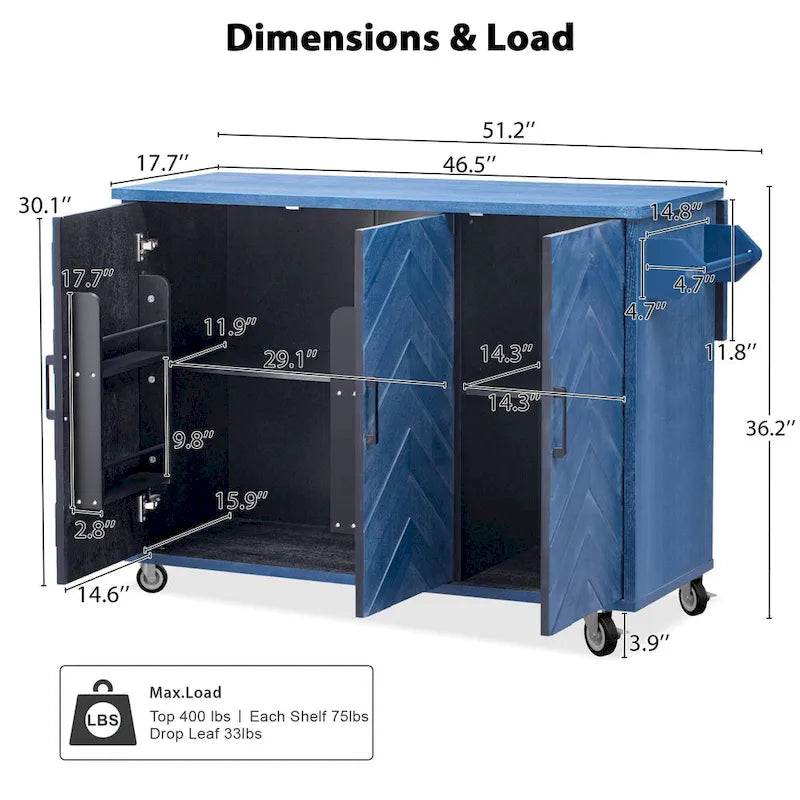 Îlot de cuisine 51,2W avec abattant, îlot de cuisine de ferme sur roulettes avec étagère de rangement interne, chariot de cuisine roulant