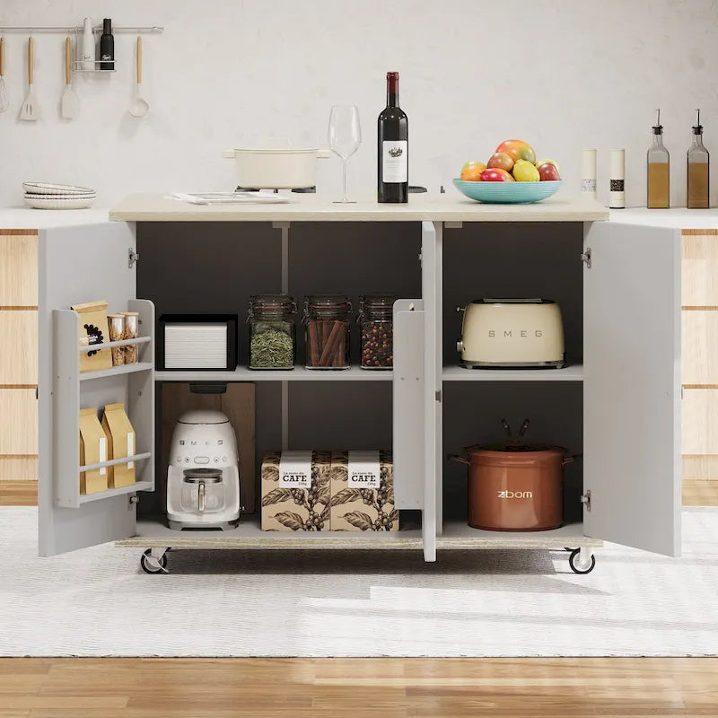 Îlot de cuisine 51,2W avec abattant, îlot de cuisine de ferme sur roulettes avec étagère de rangement interne, chariot de cuisine roulant