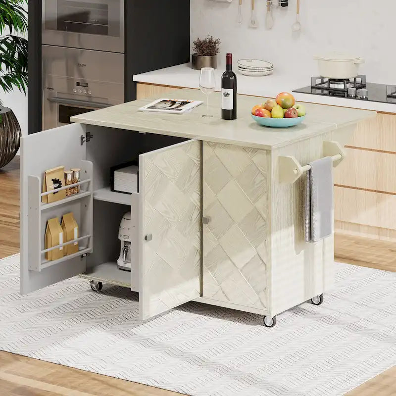 Îlot de cuisine 51,2W avec abattant, îlot de cuisine de ferme sur roulettes avec étagère de rangement interne, chariot de cuisine roulant