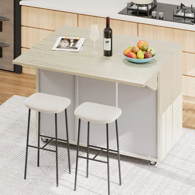 Îlot de cuisine 51,2W avec abattant, îlot de cuisine de ferme sur roulettes avec étagère de rangement interne, chariot de cuisine roulant