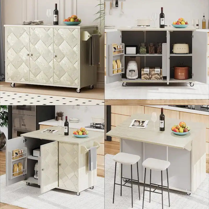 Îlot de cuisine 51,2W avec abattant, îlot de cuisine de ferme sur roulettes avec étagère de rangement interne, chariot de cuisine roulant