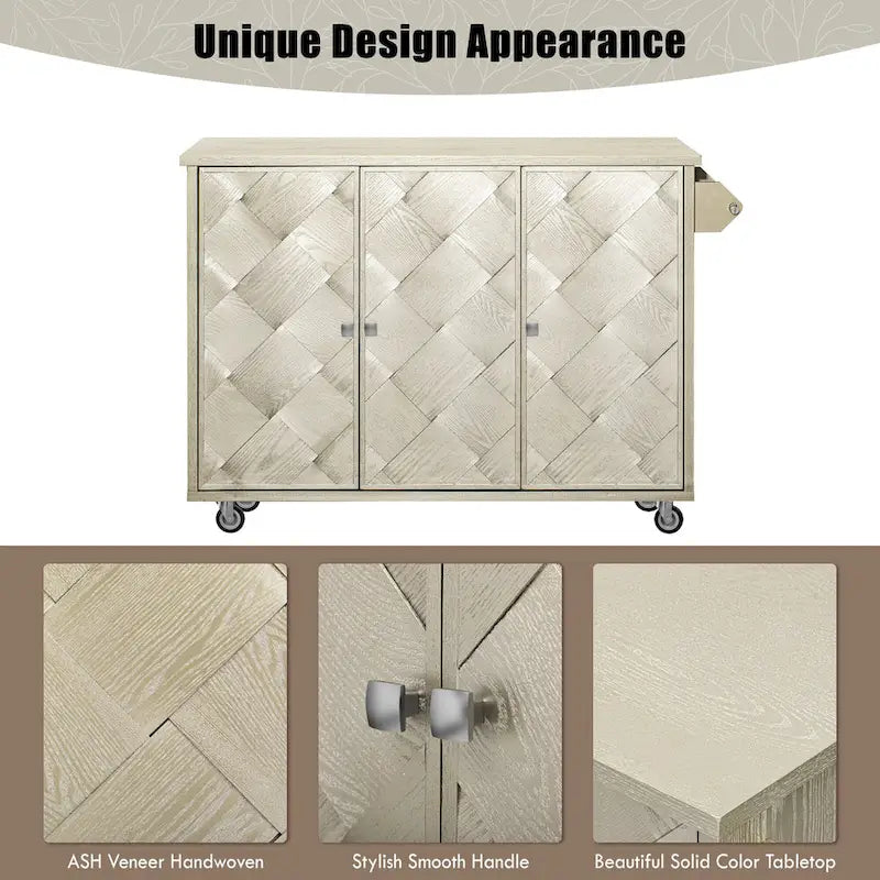 Îlot de cuisine 51,2W avec abattant, îlot de cuisine de ferme sur roulettes avec étagère de rangement interne, chariot de cuisine roulant