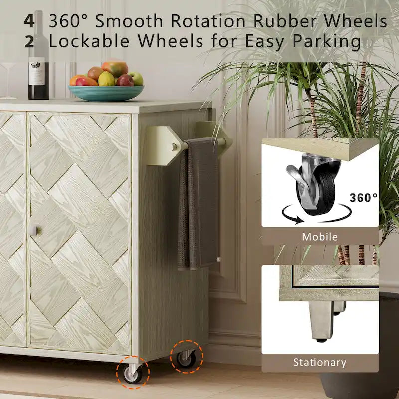 Îlot de cuisine 51,2W avec abattant, îlot de cuisine de ferme sur roulettes avec étagère de rangement interne, chariot de cuisine roulant