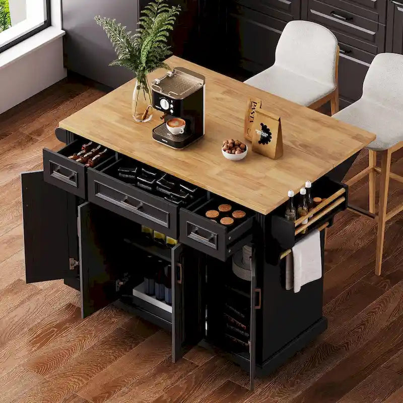 Grand îlot de cuisine de 54 pouces avec abattant en bois d'hévéa (tabouret non inclus)