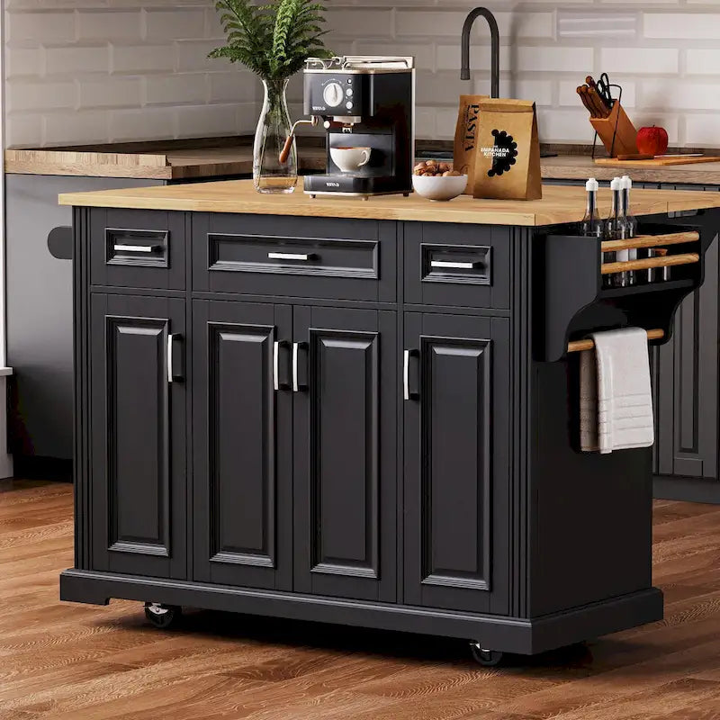 Grand îlot de cuisine de 54 pouces avec abattant en bois d'hévéa (tabouret non inclus)