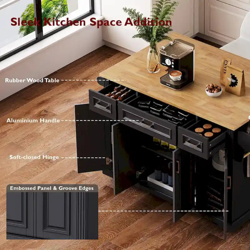 Grand îlot de cuisine de 54 pouces avec abattant en bois d'hévéa (tabouret non inclus)