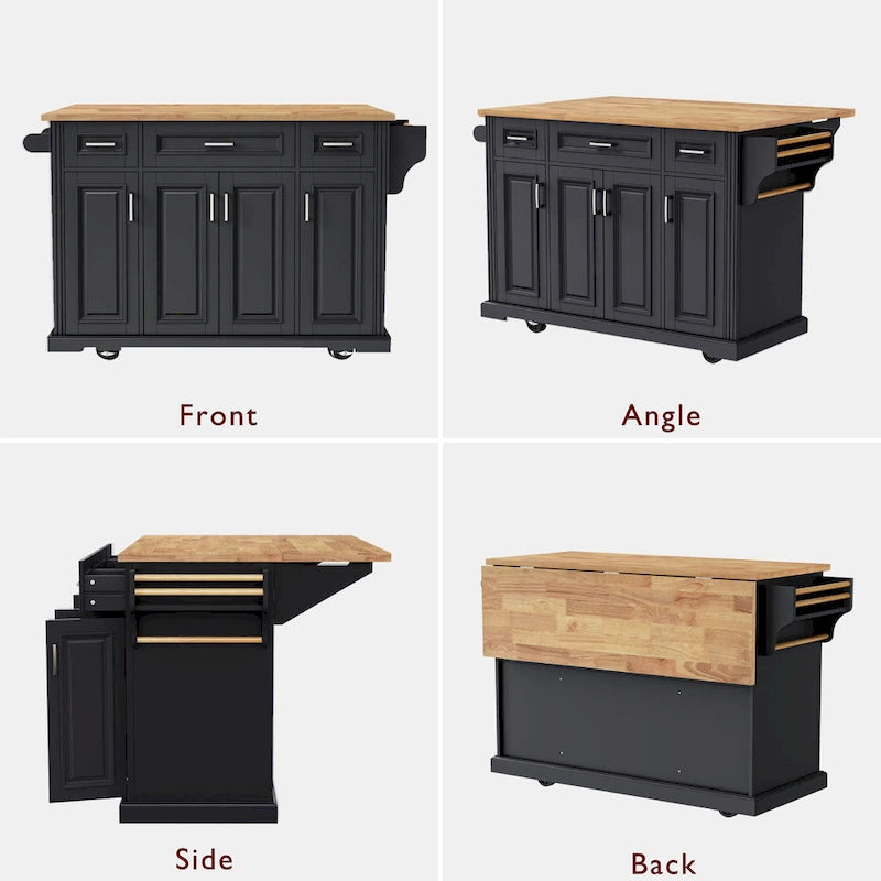 Grand îlot de cuisine de 54 pouces avec abattant en bois d'hévéa (tabouret non inclus)