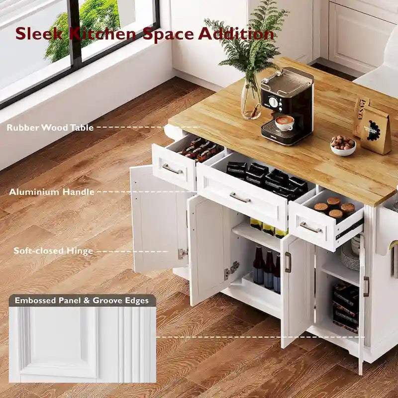 Grand îlot de cuisine de 54 pouces avec abattant en bois d'hévéa (tabouret non inclus)