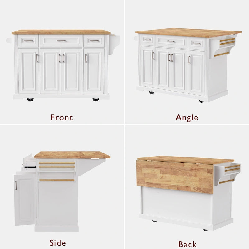 Grand îlot de cuisine de 54 pouces avec abattant en bois d'hévéa (tabouret non inclus)
