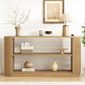 Console polyvalente mince avec étagère ouverte et grain de bois élégant pour le salon