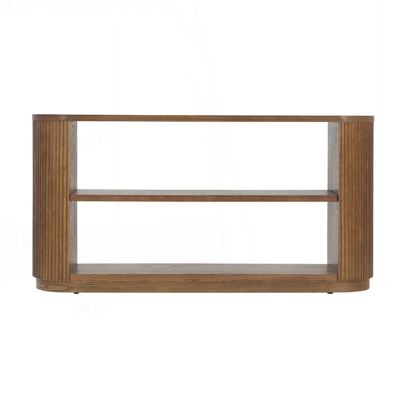 Console polyvalente mince avec étagère ouverte et grain de bois élégant pour le salon