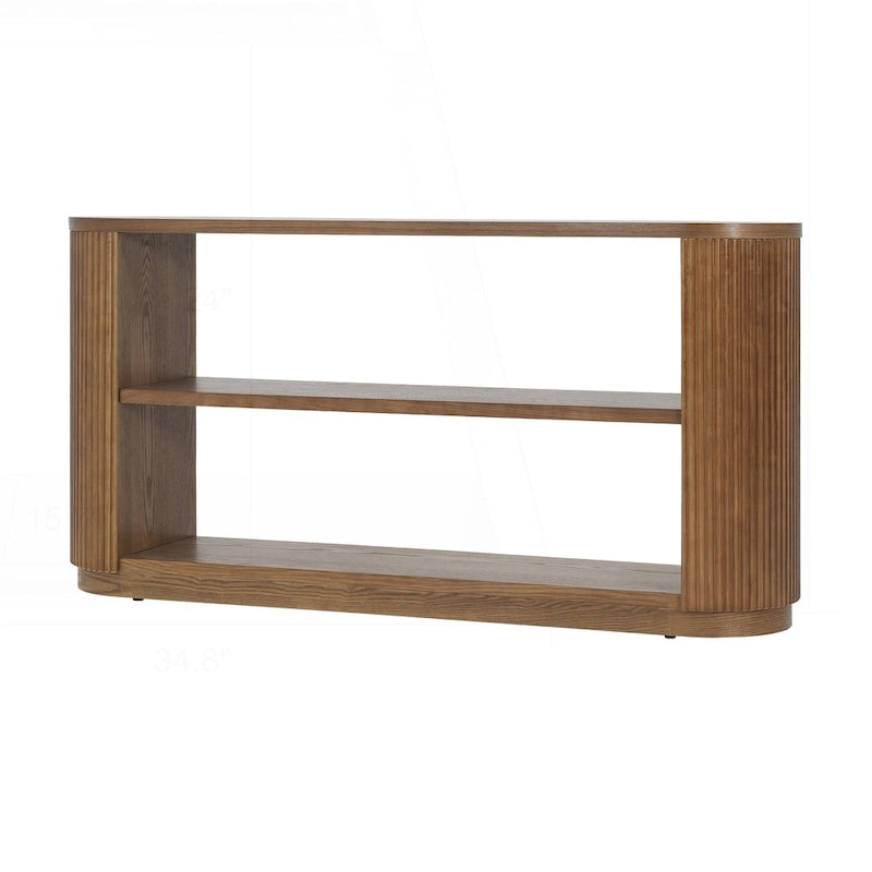 Console polyvalente mince avec étagère ouverte et grain de bois élégant pour le salon