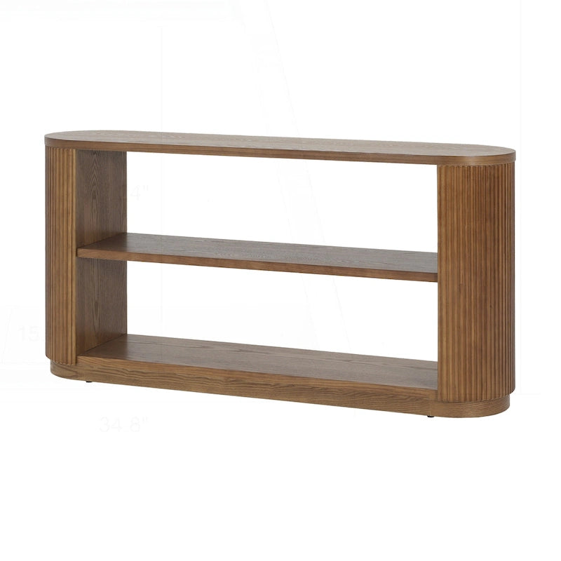 Console polyvalente mince avec étagère ouverte et grain de bois élégant pour le salon