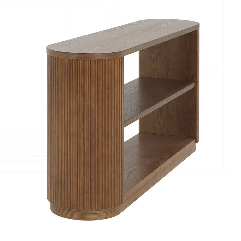 Console polyvalente mince avec étagère ouverte et grain de bois élégant pour le salon