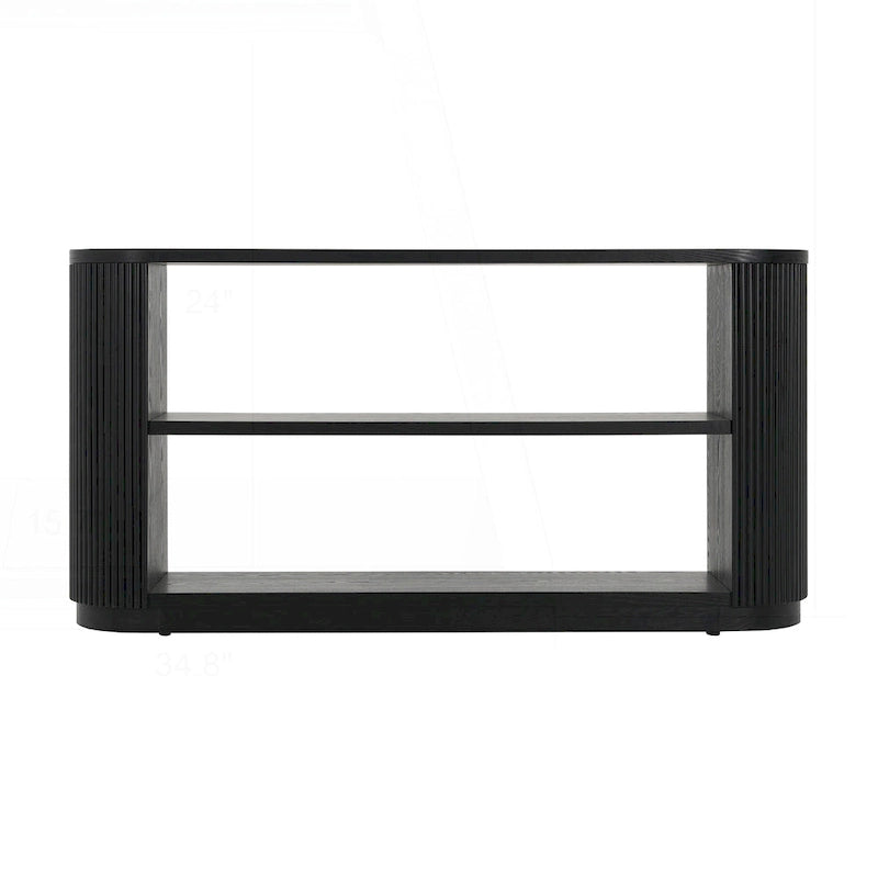 Console polyvalente mince avec étagère ouverte et grain de bois élégant pour le salon