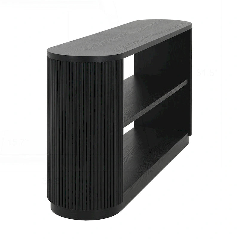 Console polyvalente mince avec étagère ouverte et grain de bois élégant pour le salon