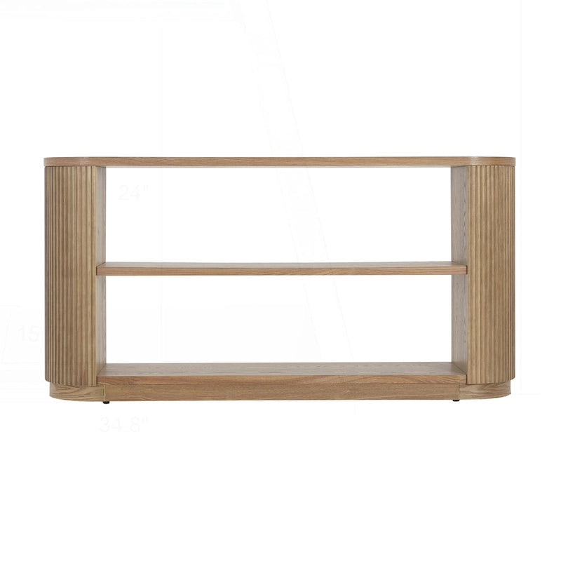 Console polyvalente mince avec étagère ouverte et grain de bois élégant pour le salon