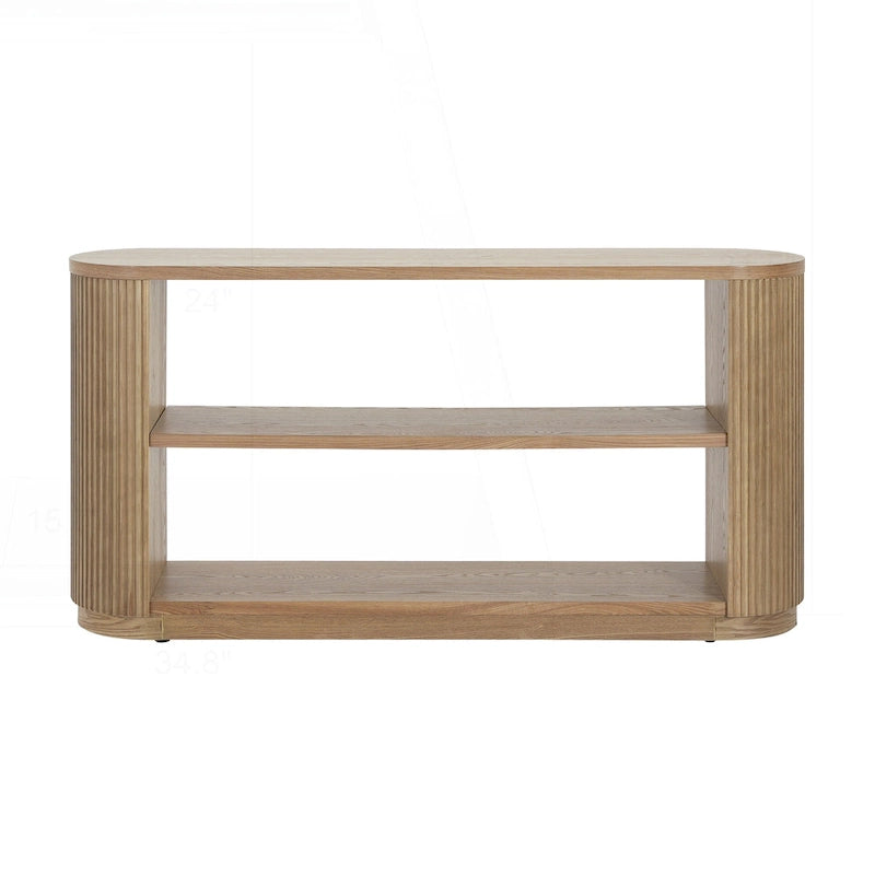 Console polyvalente mince avec étagère ouverte et grain de bois élégant pour le salon
