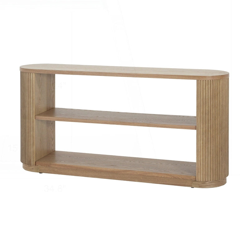Console polyvalente mince avec étagère ouverte et grain de bois élégant pour le salon
