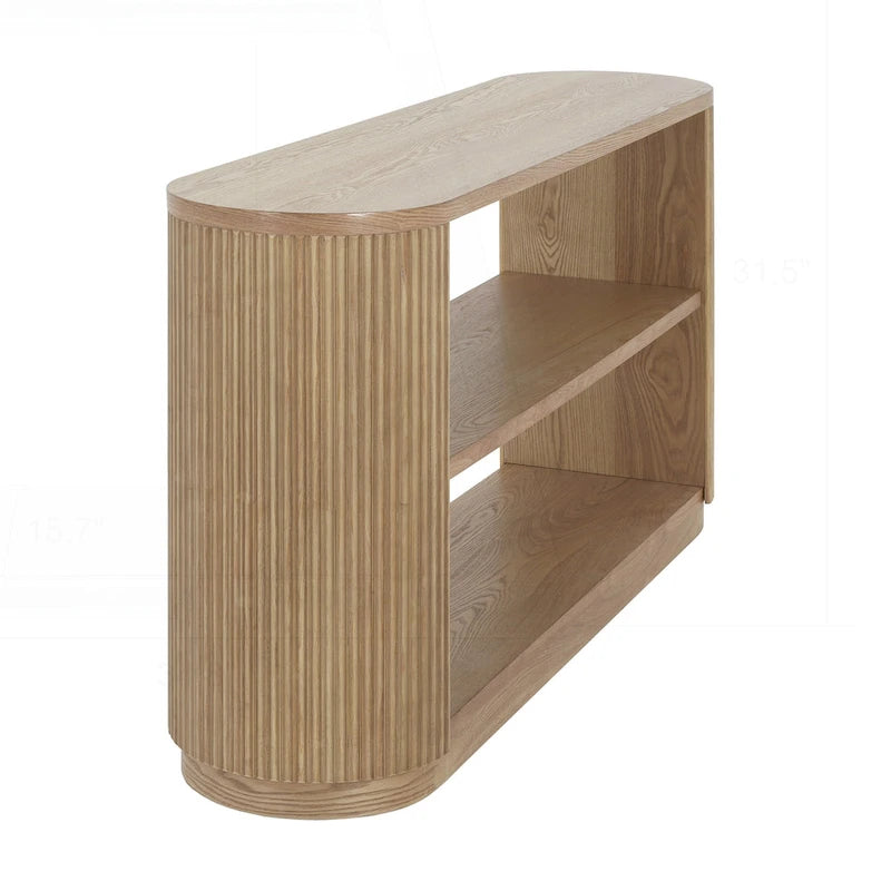 Console polyvalente mince avec étagère ouverte et grain de bois élégant pour le salon