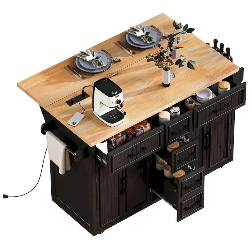 Îlot de cuisine de rangement sur roulettes avec abattant et prise de courant, îlot de cuisine de 56,5 pouces avec 4 portes, 5 tiroirs profonds