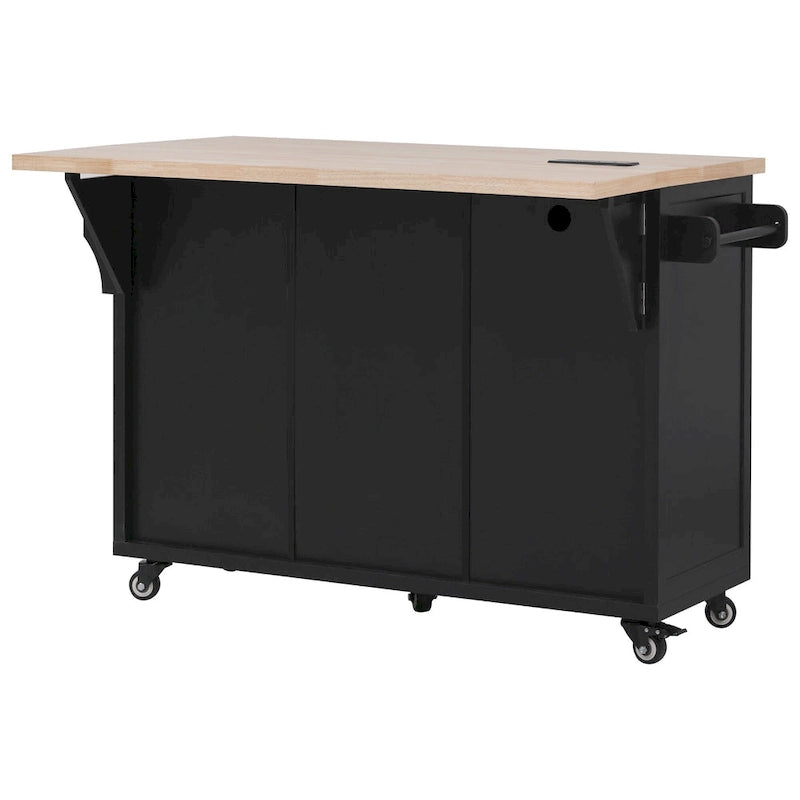 Îlot de cuisine de rangement sur roulettes avec abattant et prise de courant, îlot de cuisine de 56,5 pouces avec 4 portes, 5 tiroirs profonds