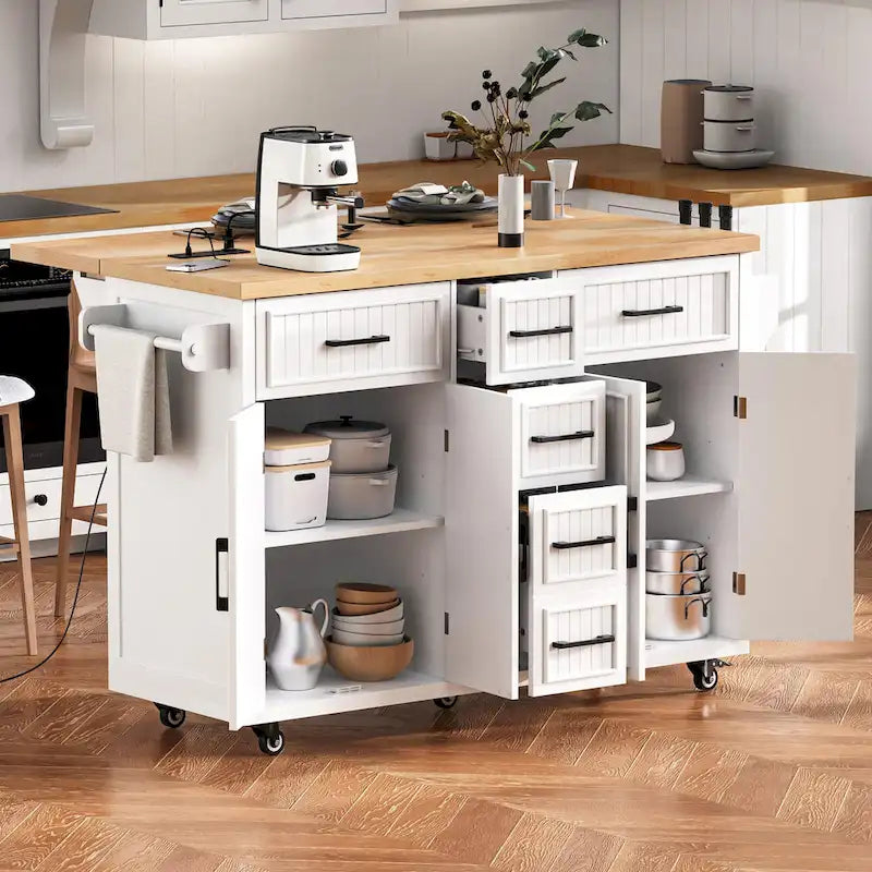 Îlot de cuisine de rangement sur roulettes avec abattant et prise de courant, îlot de cuisine de 56,5 pouces avec 4 portes, 5 tiroirs profonds