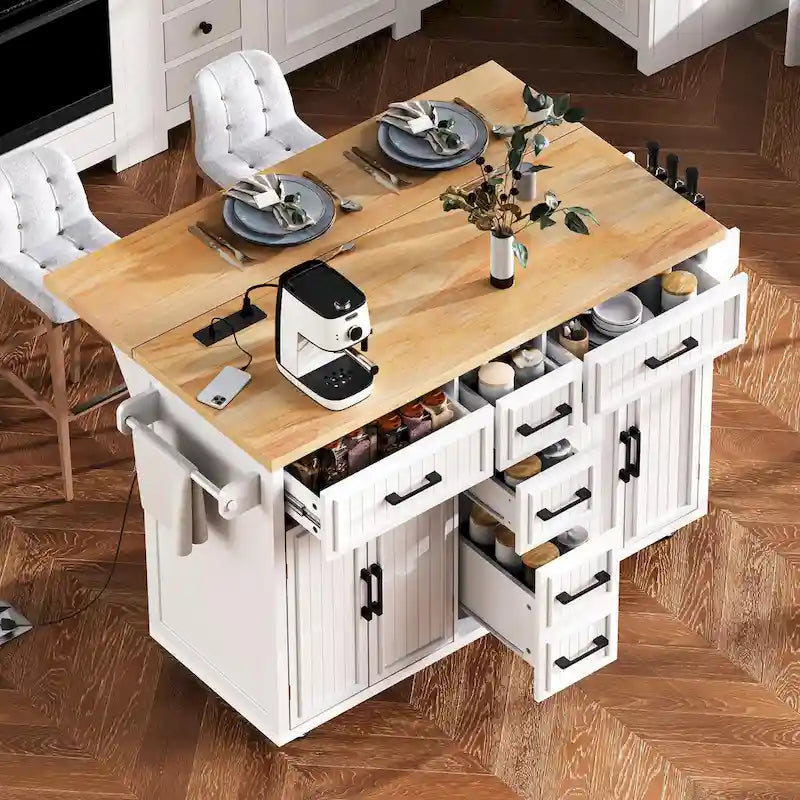 Îlot de cuisine de rangement sur roulettes avec abattant et prise de courant, îlot de cuisine de 56,5 pouces avec 4 portes, 5 tiroirs profonds