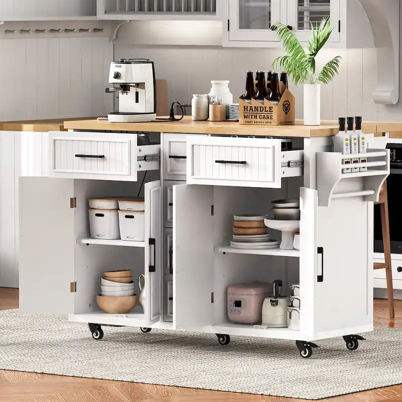 Îlot de cuisine de rangement sur roulettes avec abattant et prise de courant, îlot de cuisine de 56,5 pouces avec 4 portes, 5 tiroirs profonds